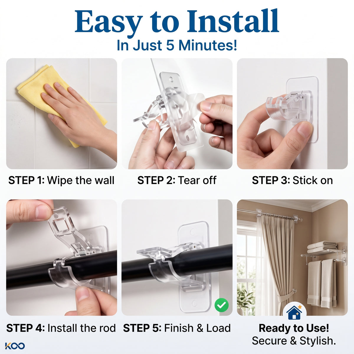 Self-Adhesive Curtain Rod Holder Clamps