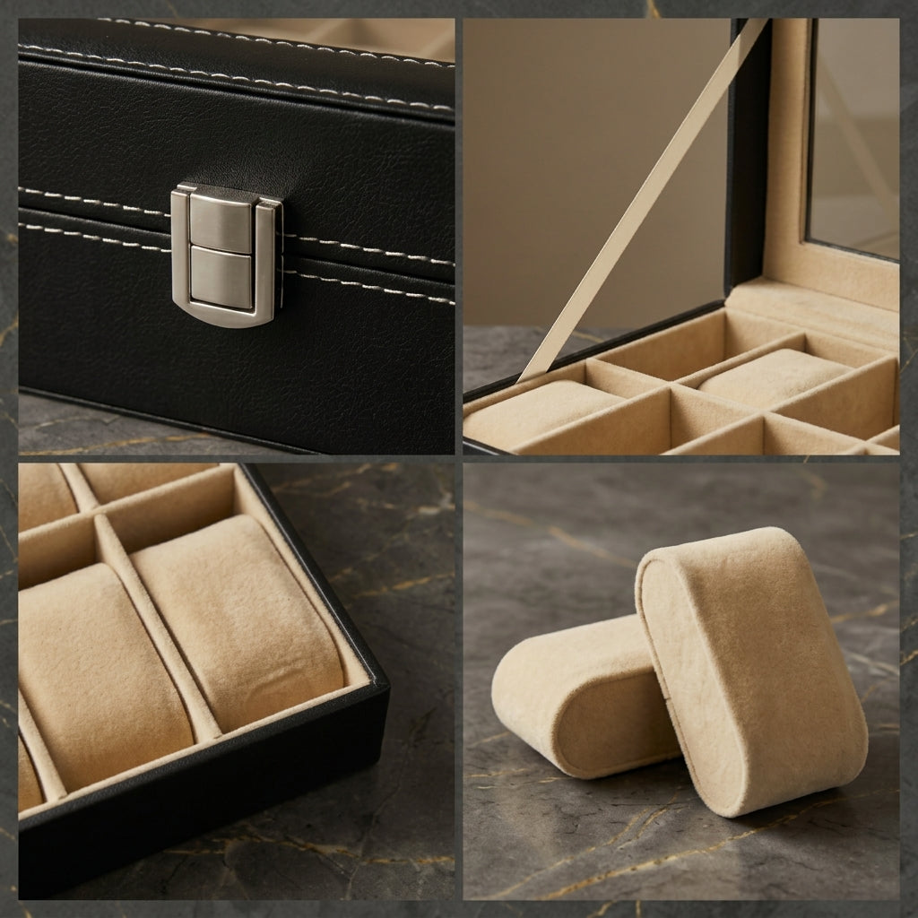 LUXURY BLACK WATCH ORGANIZER FOR MEN – 6-SLOT