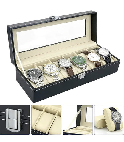 LUXURY BLACK WATCH ORGANIZER FOR MEN – 6-SLOT